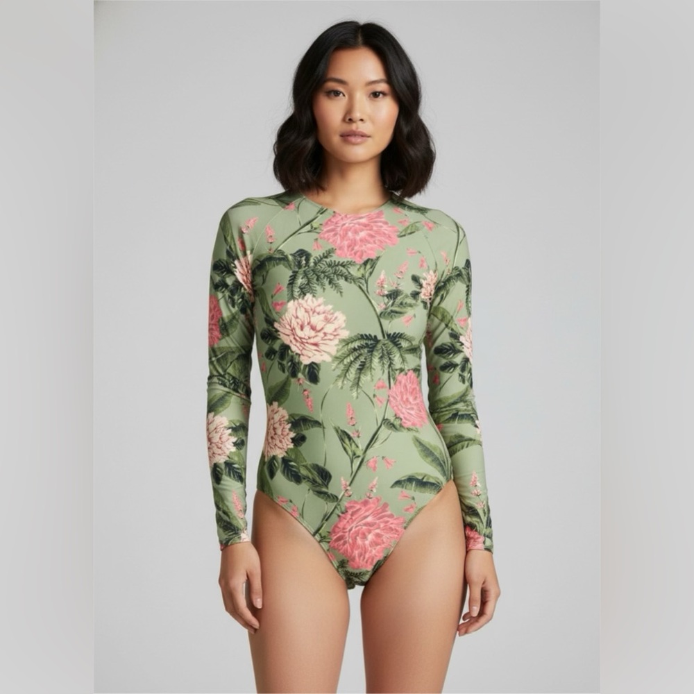 Agua Bendita Green and Pink Floral Bodysuit